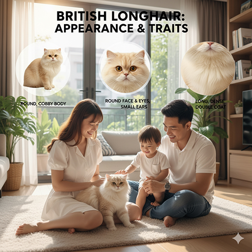 Gia đình Việt Nam vui đùa cùng mèo Anh lông dài trong phòng khách, kèm các chi tiết cận cảnh khuôn mặt tròn, tai nhỏ và bộ lông dài dày hai lớp