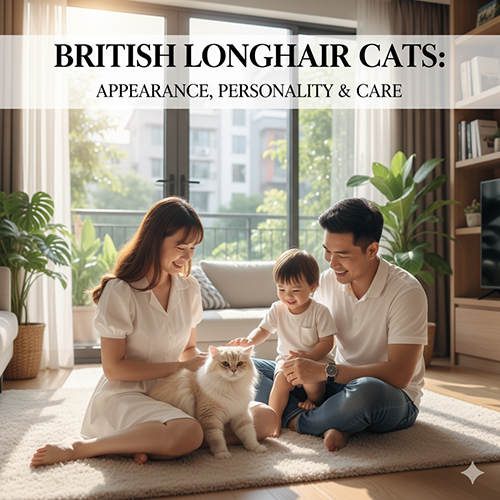 Gia đình Việt Nam hạnh phúc chơi đùa cùng mèo Anh lông dài trong phòng khách sáng sủa, biểu trưng cho sự gần gũi và thân thiện của giống mèo này