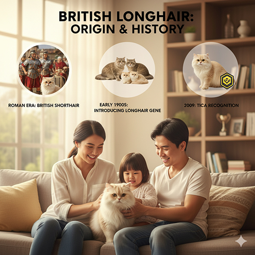 Gia đình Việt Nam âu yếm mèo Anh lông dài trong phòng khách, kèm các hình minh họa lịch sử giống mèo từ thời La Mã đến khi được TICA công nhận