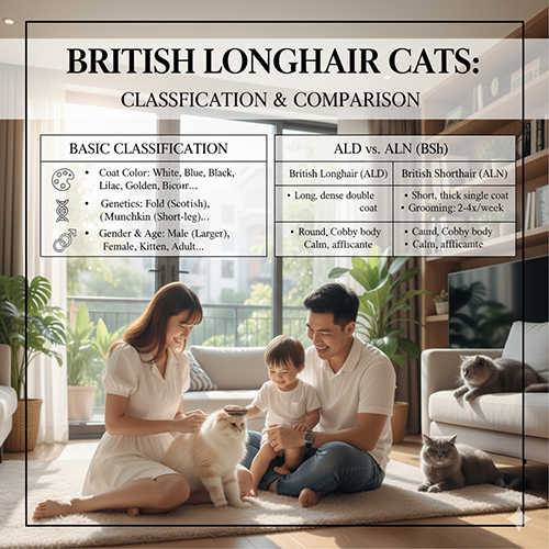 Gia đình Việt Nam chơi đùa với mèo Anh lông dài và mèo Anh lông ngắn trong phòng khách, minh họa bảng phân loại và so sánh hai giống mèo ALD và ALN