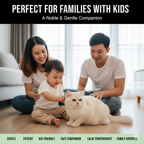 Mèo Anh lông dài phù hợp với gia đình có trẻ nhỏ – hiền lành, kiên nhẫn và an toàn cho bé.