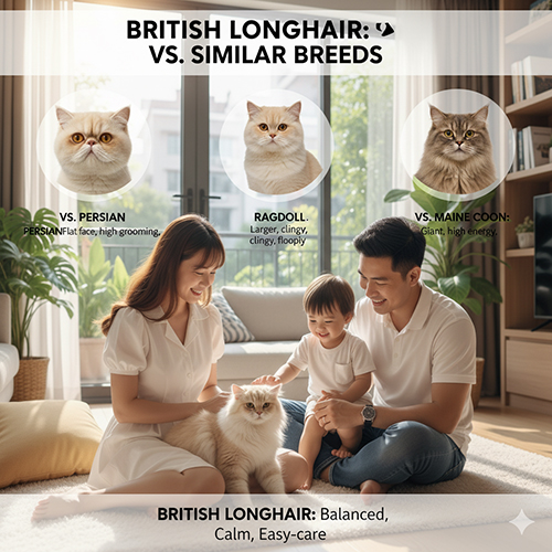 Gia đình Việt Nam chơi cùng mèo Anh lông dài, kèm hình minh họa so sánh với mèo Ba Tư, Ragdoll và Maine Coon để phân biệt các giống mèo lông dài phổ biến