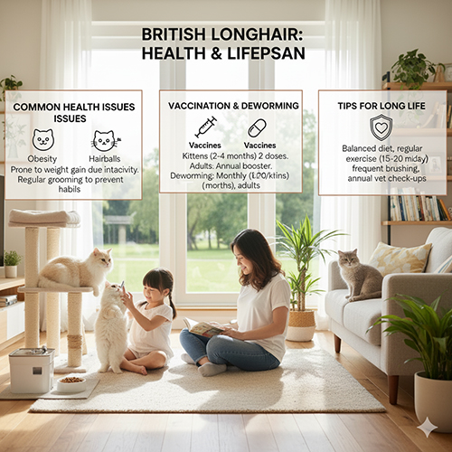 Mẹ và bé chơi cùng hai chú mèo Anh lông dài trong phòng khách sáng sủa, minh họa nội dung về sức khỏe, tiêm phòng và tuổi thọ của giống mèo này