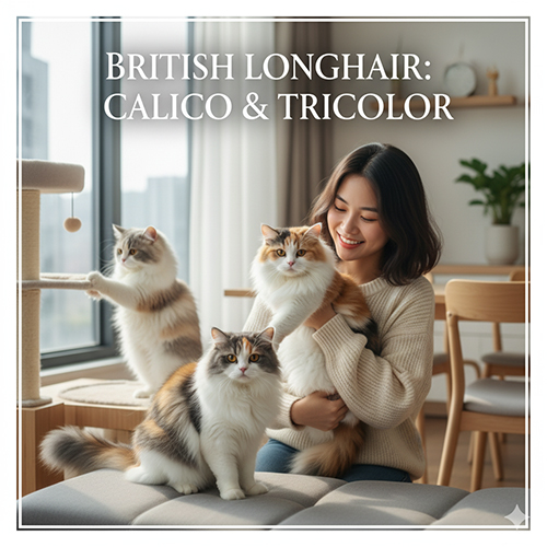 Mèo Anh lông dài Tam thể (Calico & Tricolor) – bộ lông ba màu hiếm, tượng trưng cho may mắn và tài lộc.