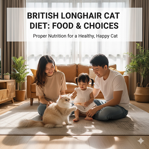 Gia đình cho mèo Anh lông dài ăn trong không gian ấm cúng, minh họa chế độ dinh dưỡng phù hợp giúp mèo khỏe mạnh