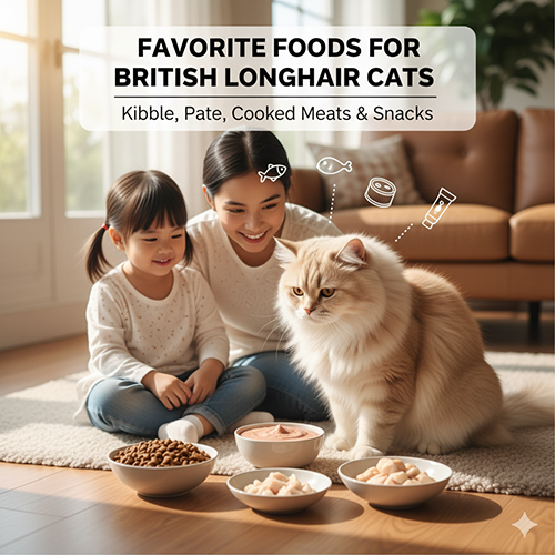 Mèo Anh lông dài thưởng thức bữa ăn gồm hạt khô, pate và thịt chín trong không gian gia đình ấm cúng