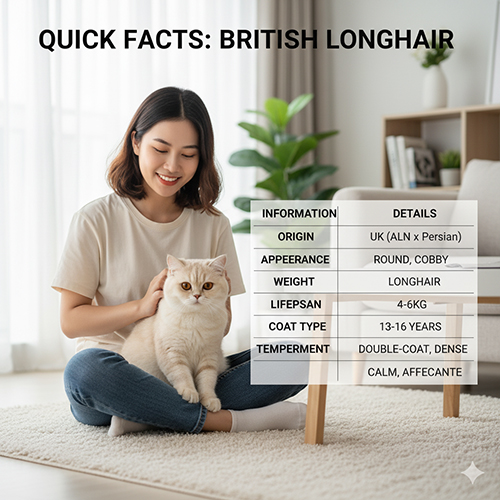 Cô gái trẻ Việt Nam ngồi vuốt ve mèo Anh lông dài trong phòng khách, minh họa bảng thông tin nhanh về nguồn gốc, ngoại hình và tính cách của giống mèo này