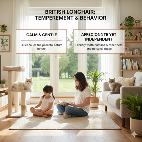 Mẹ và bé đọc sách trong phòng khách cùng hai chú mèo Anh lông dài, thể hiện tính cách điềm tĩnh, thân thiện và độc lập đặc trưng của giống mèo này