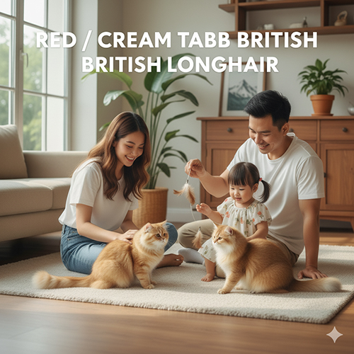 Mèo Anh lông dài vàng (Red / Cream Tabby) – bộ lông đỏ vàng rực rỡ, mắt đồng, tính cách thân thiện và tinh nghịch