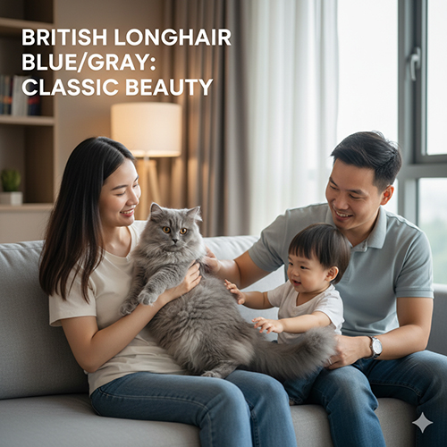 Gia đình trẻ bên chú mèo Anh lông dài màu xám xanh, biểu tượng vẻ đẹp cổ điển và sang trọng