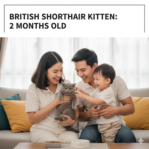 Mèo Anh lông ngắn 2 tháng tuổi đang được gia đình Việt nâng niu trong phòng khách ấm cúng