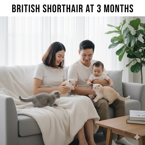 Gia đình trẻ chơi đùa cùng ba mèo Anh lông ngắn 3 tháng tuổi trên ghế sofa, không gian sáng sủa và ấm cúng