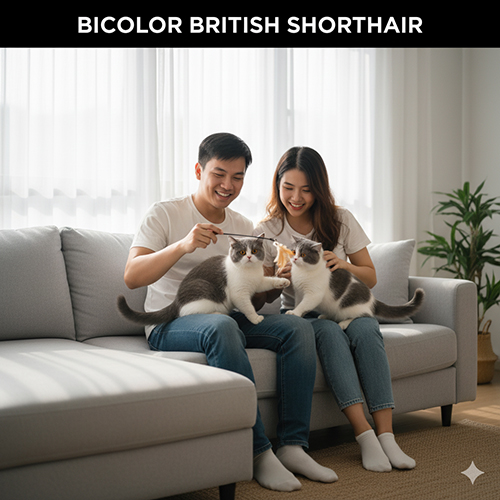 Mèo Anh lông ngắn bicolor màu xám trắng đang chơi cùng chủ nhân trên ghế sofa