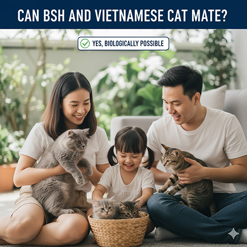 Gia đình Việt bên mèo Anh lông ngắn và mèo ta lai, minh họa cho bài viết giải đáp việc phối giống giữa hai dòng mèo