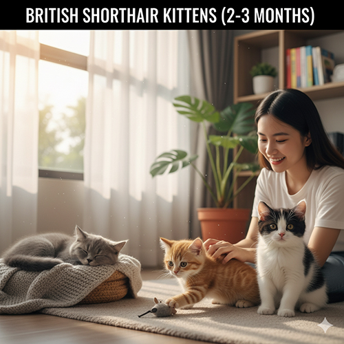 Mèo Anh lông ngắn con 2–3 tháng tuổi nhiều màu, đang chơi đùa và nằm ngủ cạnh chủ