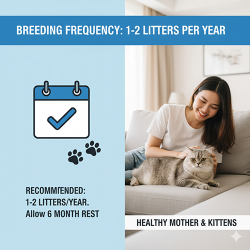 Cô gái vuốt ve mèo Anh lông ngắn trên sofa, minh họa cho tần suất sinh sản khuyến nghị 1–2 lứa mỗi năm