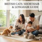 Gia đình Việt cùng chơi với mèo Anh lông ngắn và lông dài trong căn hộ sáng sủa, biểu tượng cho hướng dẫn nuôi mèo Anh