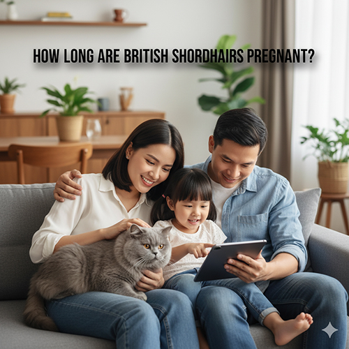 Gia đình Việt cùng mèo Anh lông ngắn thuần chủng ngồi trên sofa, biểu cảm hạnh phúc, minh họa cho bài viết Mèo Anh lông ngắn mang thai bao lâu