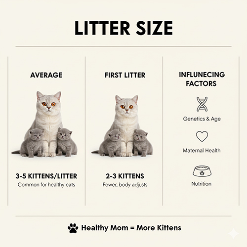 Infographic mô tả số lượng mèo con trung bình mỗi lứa của mèo Anh lông ngắn và các yếu tố ảnh hưởng