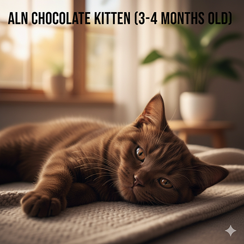Mèo Anh lông ngắn màu nâu chocolate khoảng 3–4 tháng tuổi nằm thư giãn trên giường, ánh sáng tự nhiên làm nổi bật tông nâu sô-cô-la mịn và đều.