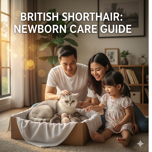 Gia đình trẻ chăm sóc mèo Anh lông ngắn mẹ và đàn con sơ sinh trong hộp ổ ấm áp cạnh cửa sổ