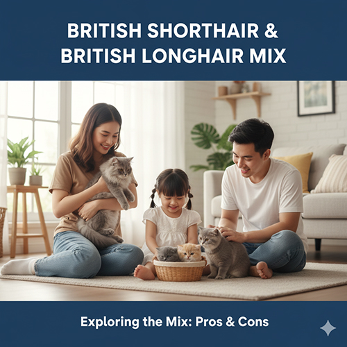 Gia đình vui vẻ chơi cùng mèo Anh lông ngắn và mèo Anh lông dài con trong phòng khách – minh họa cho bài viết về việc phối giống hai dòng mèo Anh