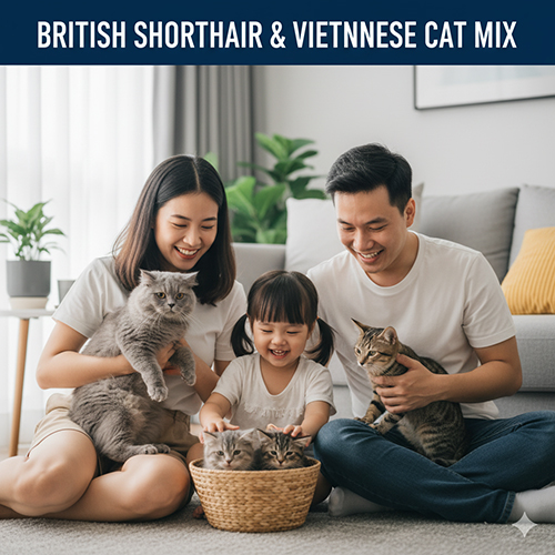 Gia đình Việt vui đùa cùng mèo Anh lông ngắn và mèo ta lai, minh họa cho bài viết về ưu nhược điểm khi phối giống hai dòng mèo