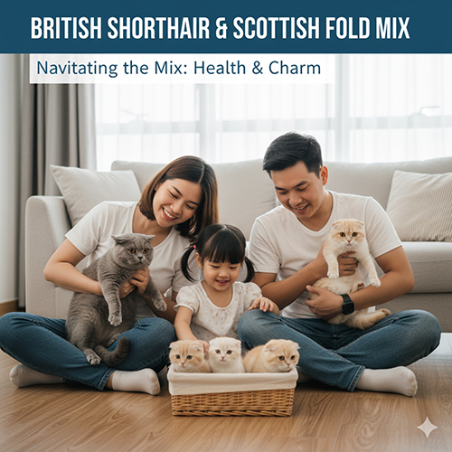Gia đình vui vẻ chơi cùng mèo Anh lông ngắn và mèo tai cụp trong phòng khách, minh họa cho bài viết về việc phối giống giữa hai dòng British Shorthair và Scottish Fold