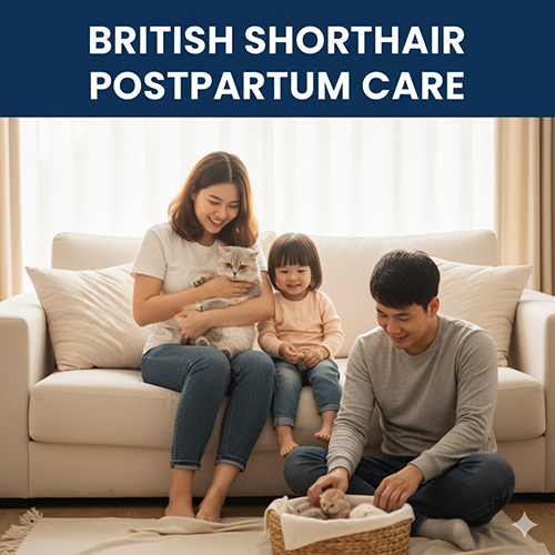 Gia đình Việt chăm sóc mèo Anh lông ngắn mẹ và mèo con sau sinh trong phòng khách ấm cúng, minh họa cho bài viết hướng dẫn chăm sóc sau sinh