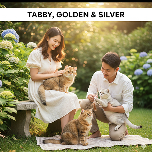 Mèo Anh lông ngắn màu tabby, golden và silver được chơi cùng gia đình trong vườn hoa