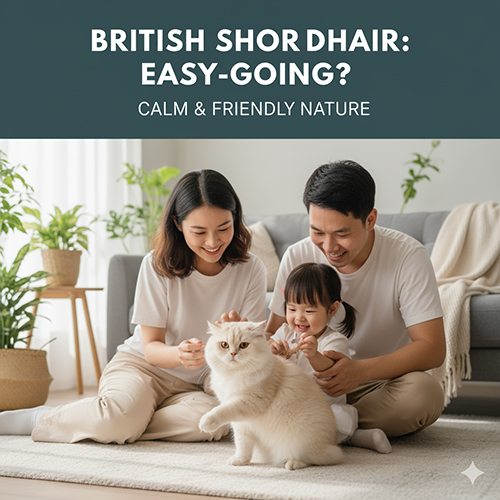 Gia đình chơi đùa cùng mèo Anh lông ngắn lông trắng, biểu cảm trầm ổn và thân thiện – minh họa cho bài viết về tính cách mèo Anh lông ngắn dễ chịu và điềm đạm