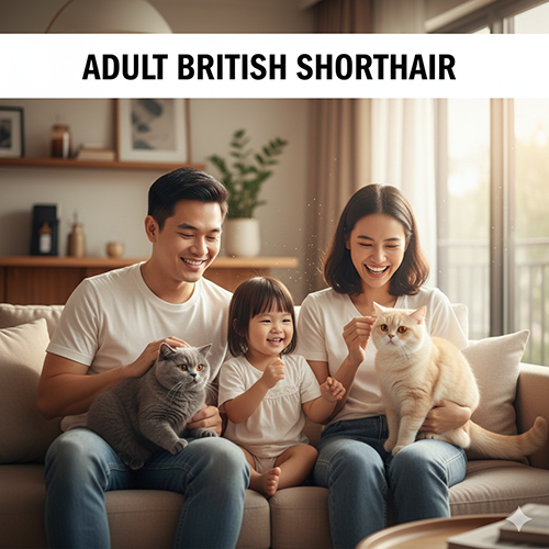 Mèo Anh lông ngắn trưởng thành màu xám xanh và vàng kem, ngồi cạnh gia đình trên sofa