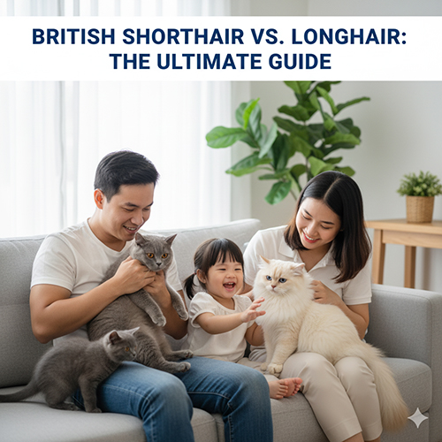 Gia đình hạnh phúc chơi cùng mèo Anh lông ngắn và mèo Anh lông dài trên ghế sofa trong phòng khách sáng sủa