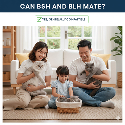 Gia đình vui vẻ ôm mèo Anh lông ngắn và mèo Anh lông dài trong phòng khách, minh họa cho câu hỏi liệu hai giống mèo này có thể phối giống với nhau không