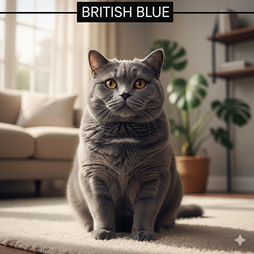 Mèo Anh lông ngắn xám xanh mắt vàng cam ngồi trong phòng khách