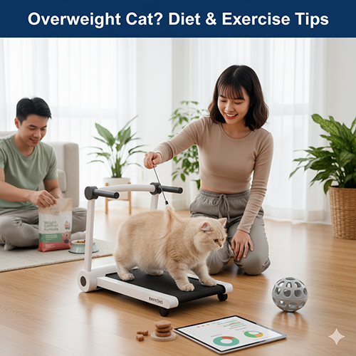 Người phụ nữ hướng dẫn mèo Anh lông dài tập đi bộ trên máy chạy nhỏ, trong khi người đàn ông phía sau chuẩn bị thức ăn cho mèo, xung quanh có đồ chơi và bảng theo dõi BCS.