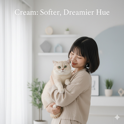 Cô gái bế mèo Anh lông ngắn màu cream trong căn phòng sáng màu, ánh sáng nhẹ và không gian tối giản tạo cảm giác dịu dàng, mơ mộng.