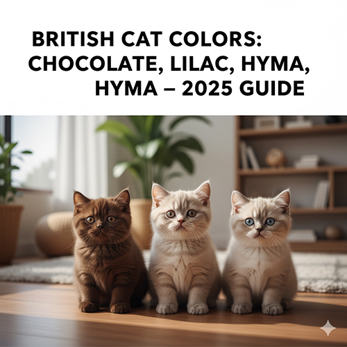 Ba chú mèo Anh lông ngắn màu nâu, lilac và hyma ngồi cạnh nhau trong phòng khách sáng sủa, hướng dẫn cách nhận biết và phân biệt màu lông.
