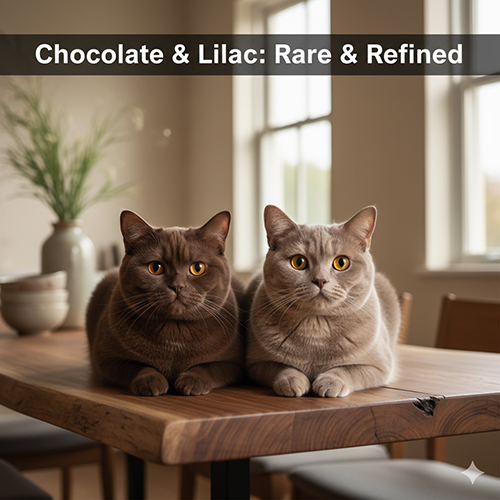 Hai chú mèo Anh lông ngắn màu nâu chocolate và lilac nằm song song trên bàn gỗ trong căn phòng ấm áp, ánh sáng tự nhiên chiếu nhẹ