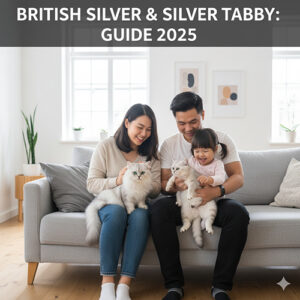 Gia đình trẻ ngồi trên sofa sáng màu, cùng chơi đùa với hai chú mèo Anh lông ngắn màu silver và silver tabby có bộ lông sáng ánh bạc, trong phòng khách hiện đại.