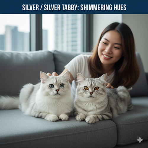 Cô gái trẻ ngồi trên ghế sofa vuốt ve hai chú mèo Anh màu silver và silver tabby có bộ lông sáng ánh bạc trong căn hộ hiện đại