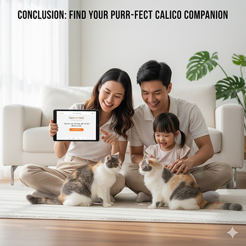 Gia đình hạnh phúc cùng hai mèo Anh tam thể, người mẹ cầm máy tính bảng hiển thị trang Chạm Pets Family