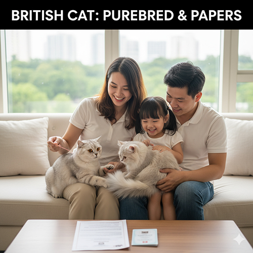 Gia đình hạnh phúc cùng hai chú mèo Anh thuần chủng ngồi trên ghế sofa, bên cạnh là giấy tờ chứng nhận nguồn gốc hợp lệ.
