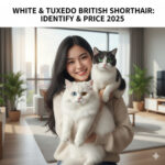 Cô gái trẻ ôm hai bé mèo Anh, một bé lông trắng mắt xanh và một bé tuxedo đen trắng, trong phòng khách sáng hiện đại