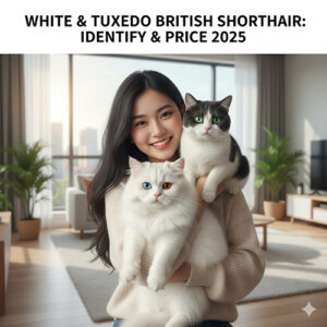 Cô gái trẻ ôm hai bé mèo Anh, một bé lông trắng mắt xanh và một bé tuxedo đen trắng, trong phòng khách sáng hiện đại