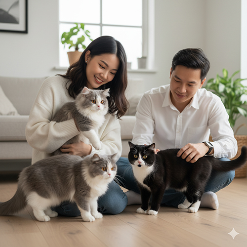 Cặp đôi trẻ ngồi trong phòng khách sáng, chơi cùng ba bé mèo Anh màu tuxedo đen trắng và xám trắng có mảng màu rõ nét