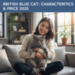 Cô gái trẻ ôm mèo Anh lông ngắn màu xám xanh trên ghế sofa, không gian phòng khách ấm áp và hiện đại