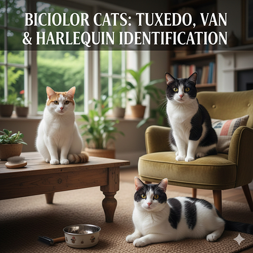 Mèo bicolor với các kiểu lông tuxedo van và harlequin trong không gian phòng khách