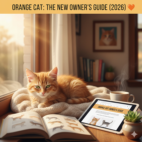 Mèo cam nằm cạnh cửa sổ, không gian ấm áp, minh họa hướng dẫn nuôi mèo cam cho người mới