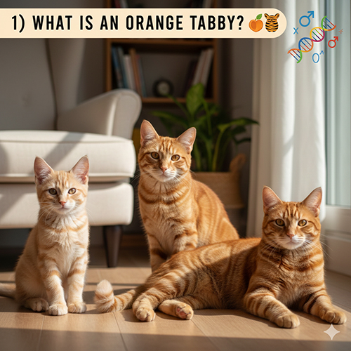 Ba chú mèo cam tabby với vằn mướp rõ, ngồi và nằm trong không gian phòng khách sáng tự nhiên